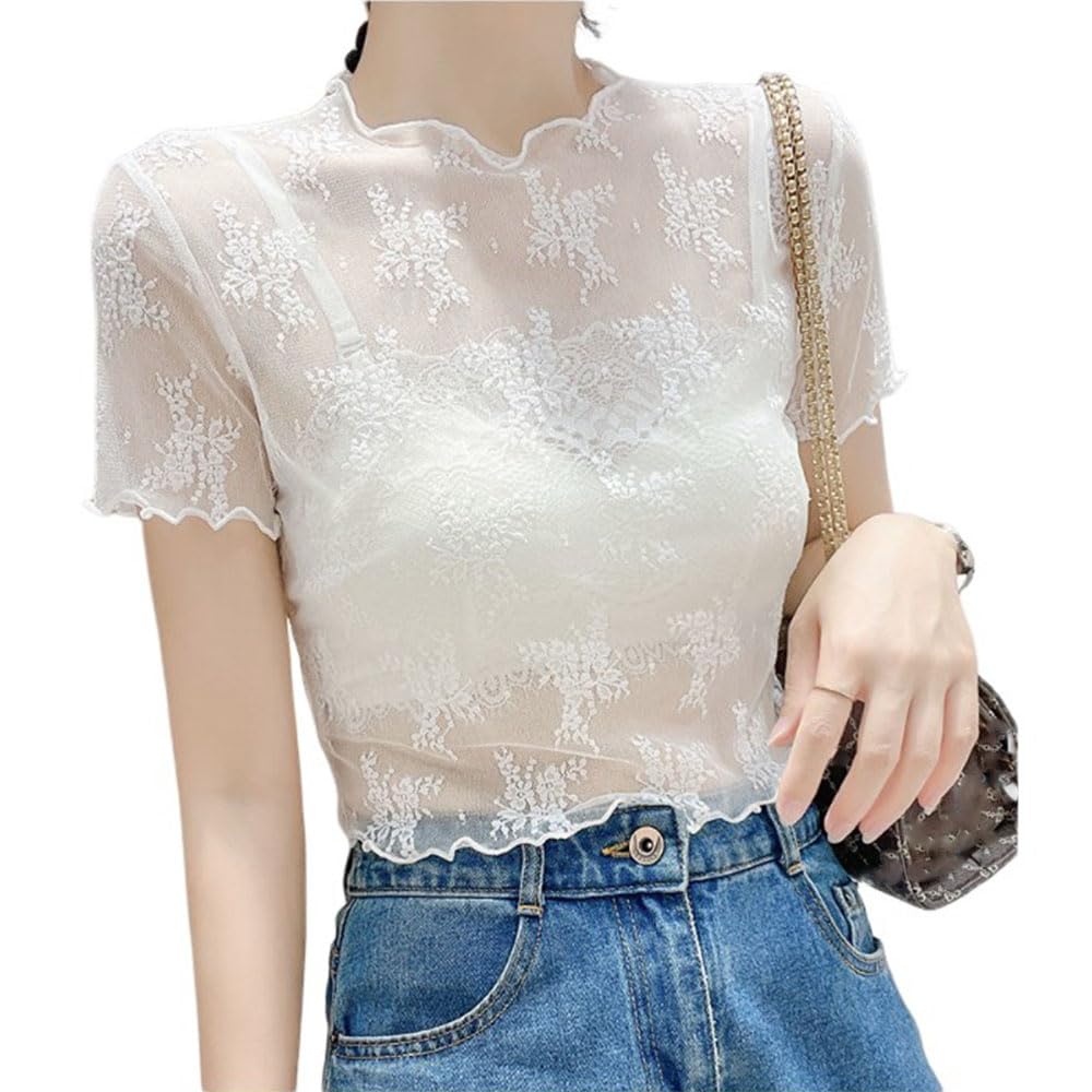 アジアン レディース トップス レース シースルー インド 夏 半袖 Amazon | [fourfivesixはる] レース ショート丈 半袖 インナー