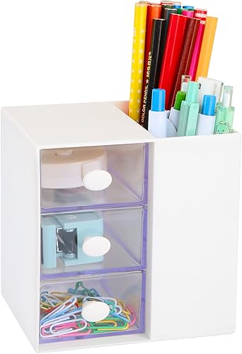 LETURE Organizador de escritorio pequeño con cajón, caja de almacenamiento de oficina para tarjetas, bolígrafos, lápices, marcadores, papelería,