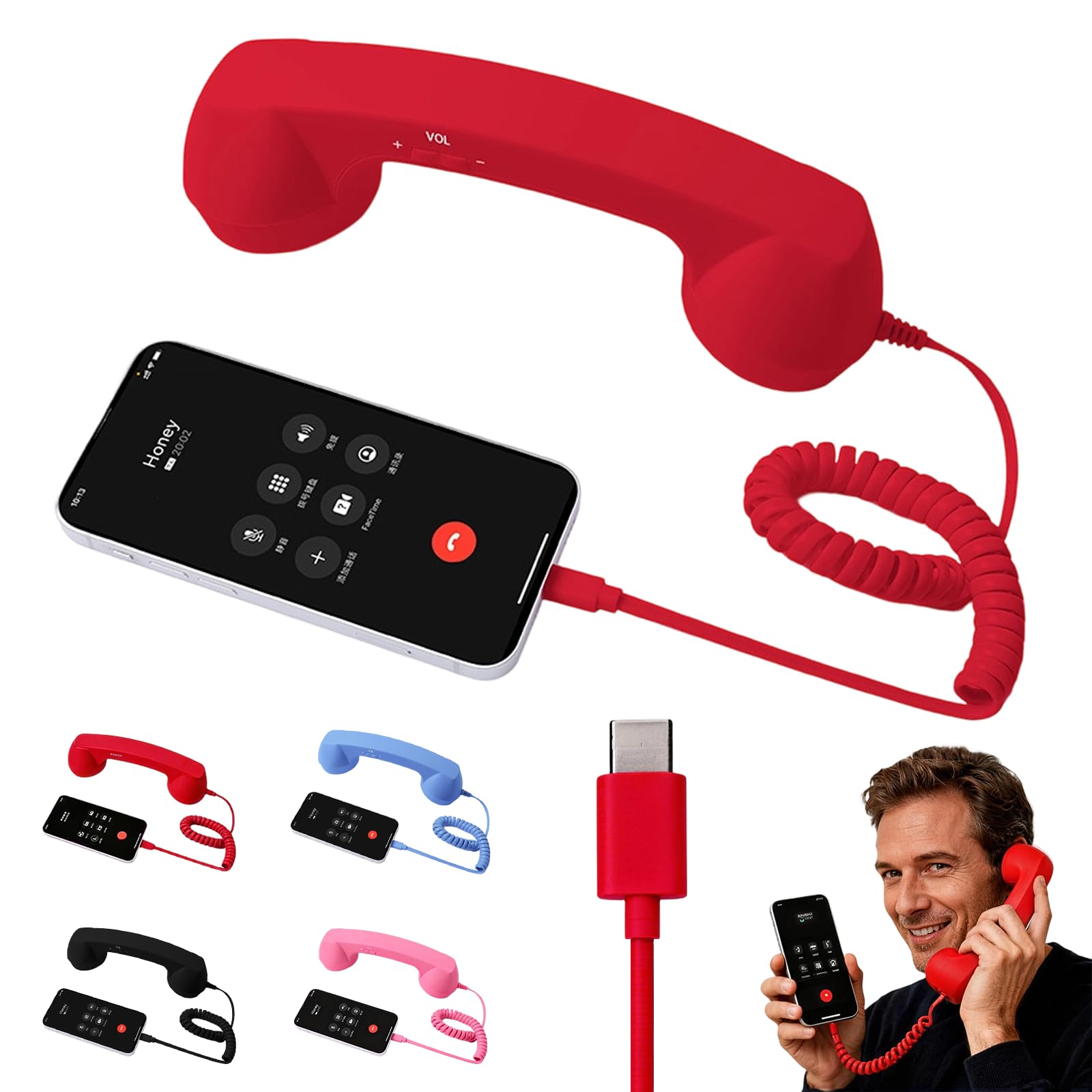 Retro Phone Handset for iPhone & Android, 2026 New Type-C Wired Receiver with Microphone & Speaker, Vintage Landline Style Handle for Noise Cancelling Calls, Meetings, and Home Office Desk Use (Pink) — view 8