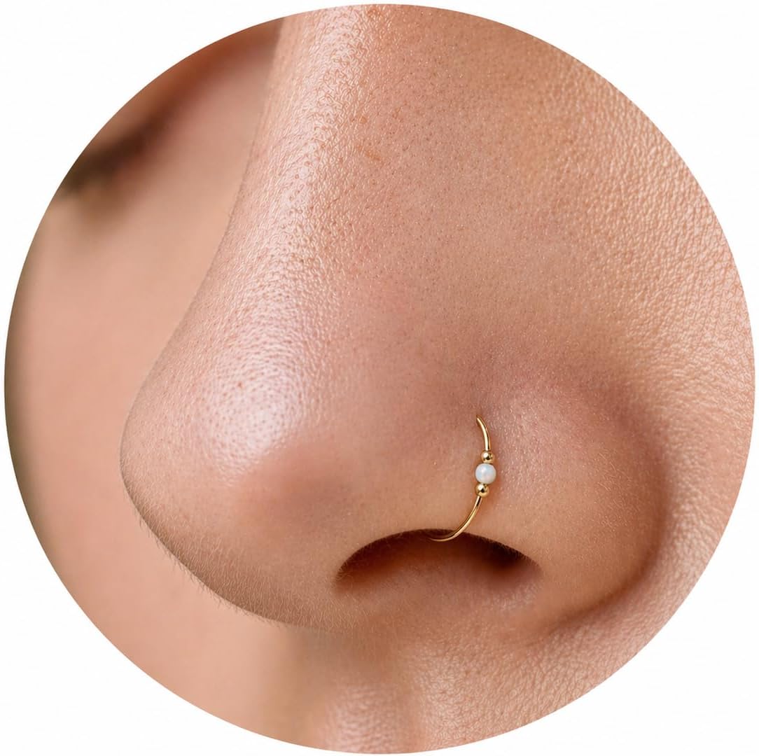 Gold Nose Ring - White Opal Thin Tiny 24 Gauge 7mm Nose Piercing Hoop - 14k Gold Filled Nose Rings For Women - Small Handmade Nose Jewelry Hoops - Gift Ready