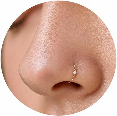 Gold Nose Ring - White Opal Thin Tiny 24 Gauge 7mm Nose Piercing Hoop - 14k Gold Filled Nose Rings For Women - Small Handmade Nose Jewelry Hoops - Gift Ready