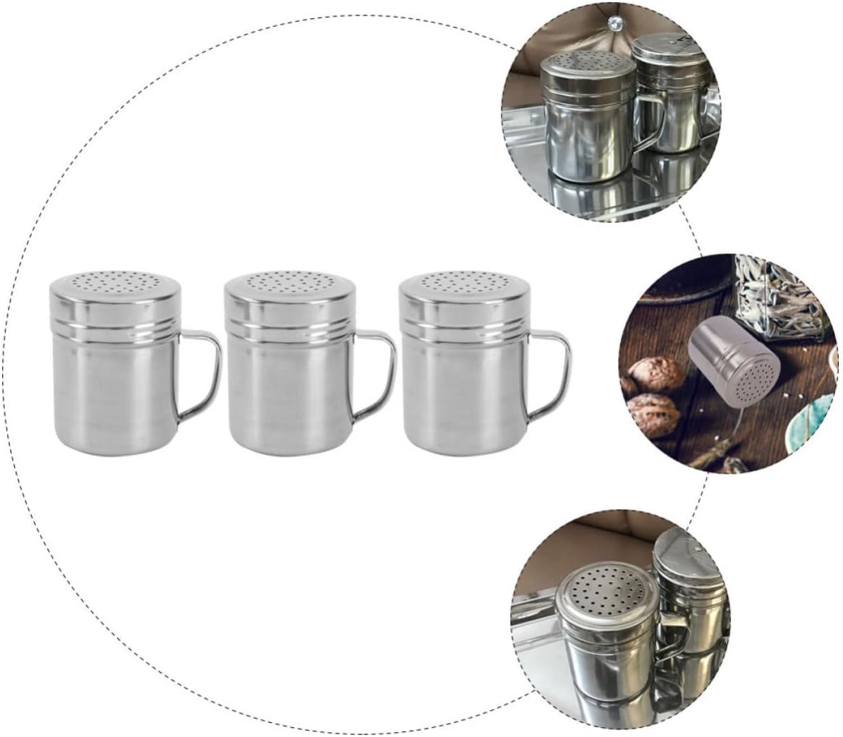 VOSAREA 3pcs Stainless Steel Seasoning Shaker Set with Handle for Salt and Pepper, Keep Condiments Dry and Isolate outside Air, for Dining Room and Restaurant Use