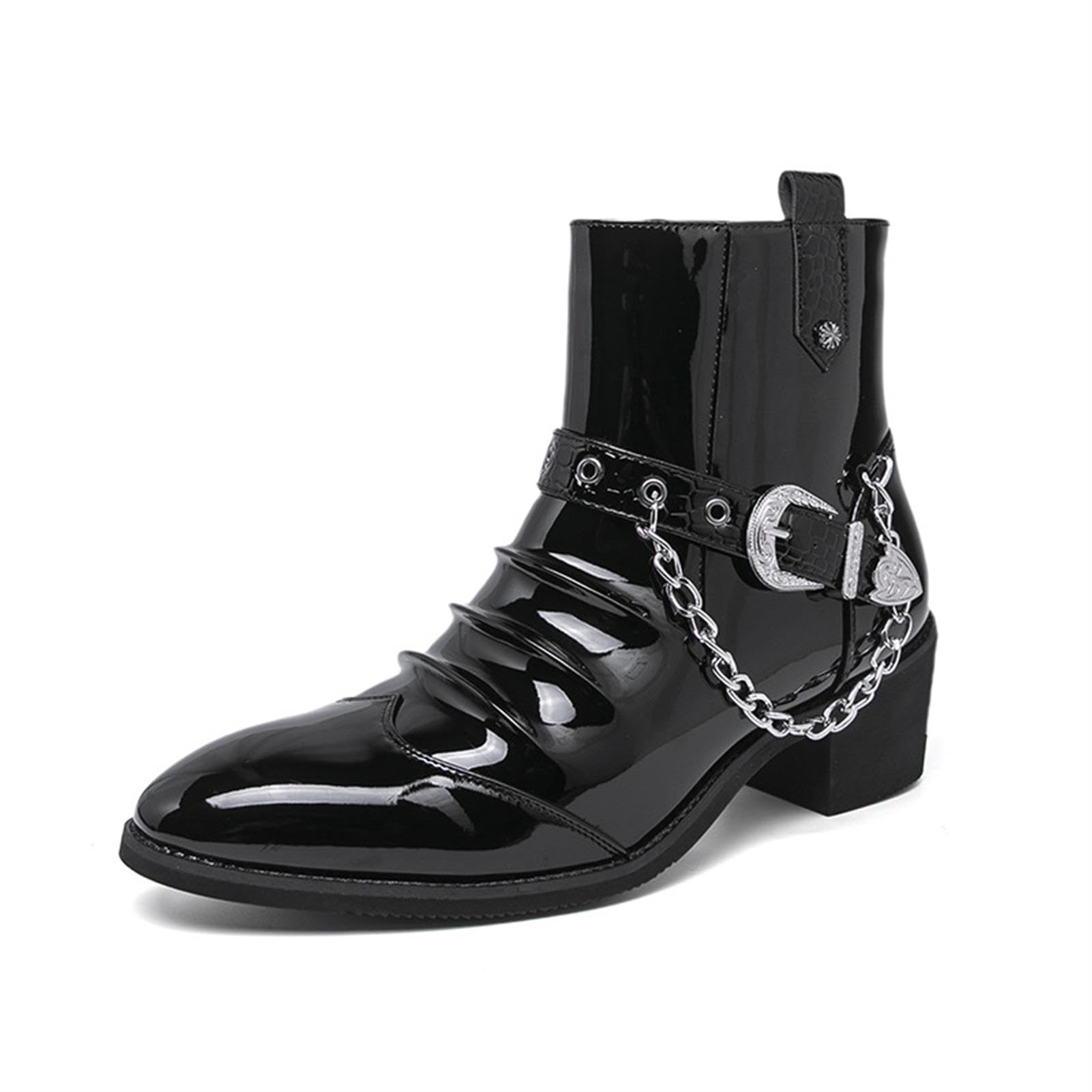Stivaletti Uomo Vernice con Catena Punta Afilata Scarpe Eleganti Festa | Stivali Moda Uomo Cerniera Laterale Suola in Gomma Comodi Stile Punk Gotico Scarpe da Palco Club Party Cerimonia