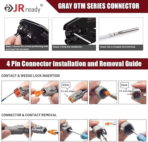 Miniatura 6 de JRready ST6329-401 Deutsch DTM Conector 4 Pin 8 Sets Impermeable Deutsch DTM Conector con 20 # Contactos Estampados 16-22 AWG Terminales Pines