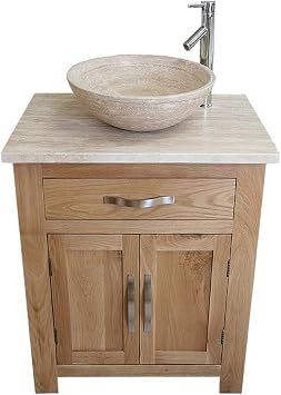 Wooden Bathroom Vanity with Sink and Drawer - Natural Oak Bathroom Sink Cabinet Wash Basin - Single Vanity Unit with Chromed Mixer Tap - Cream Marble Bowl with Oak Top