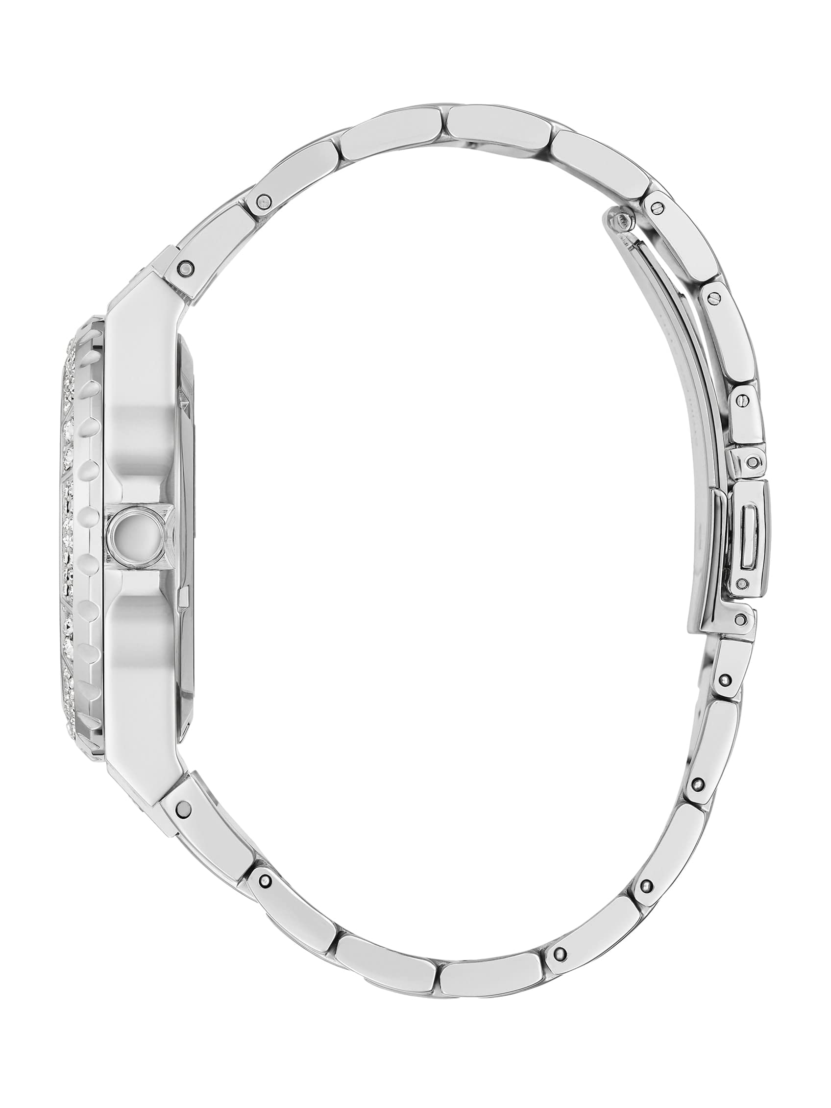 GUESS Orologio da donna trend, taglio trasparente, 39 mm, quadrante brillante con cassa e cinturino in acciaio inossidabile viola iridescente