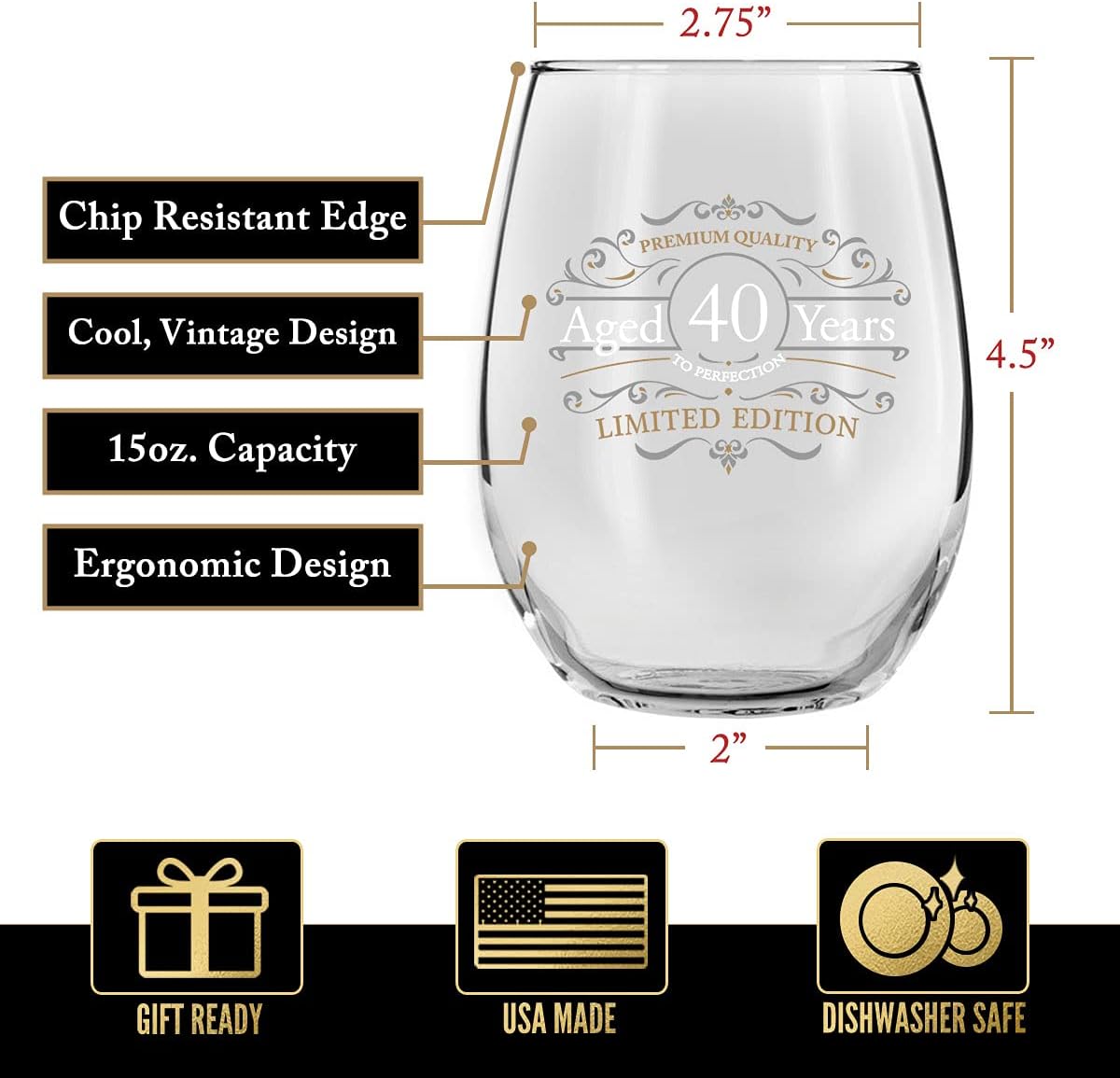 DU VINO Vintage Edition 40th Birthday Stemless Wine Glass for Men and Women (40th Anniversary) 15 oz | Happy Birthday Wine Glasses for 40 Year Old | Classic Birthday Gift, Reunion Gift for Him or Her - Image 2