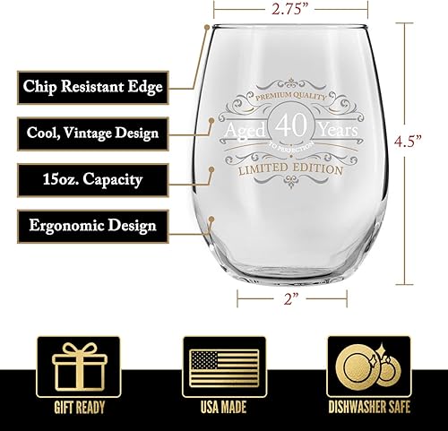 Miniatura 2 de DU VINO Copa de vino sin tallo de edición vintage para hombres y mujeres (40 aniversario) de 15 onzas, copas de vino de feliz cumpleaños para niños