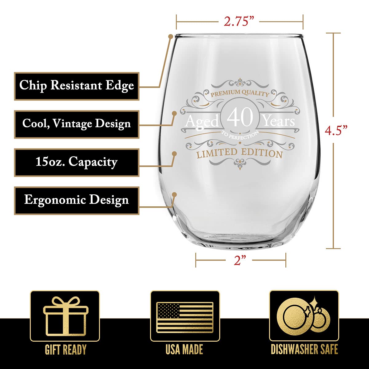 Amazon.com | DU VINO Vintage Edition 40th Birthday Stemless Wine Glass for  Men and Women (40th Anniversary) 15 oz | Happy Birthday Wine Glasses for 40  Year Old | Classic Birthday Gift,