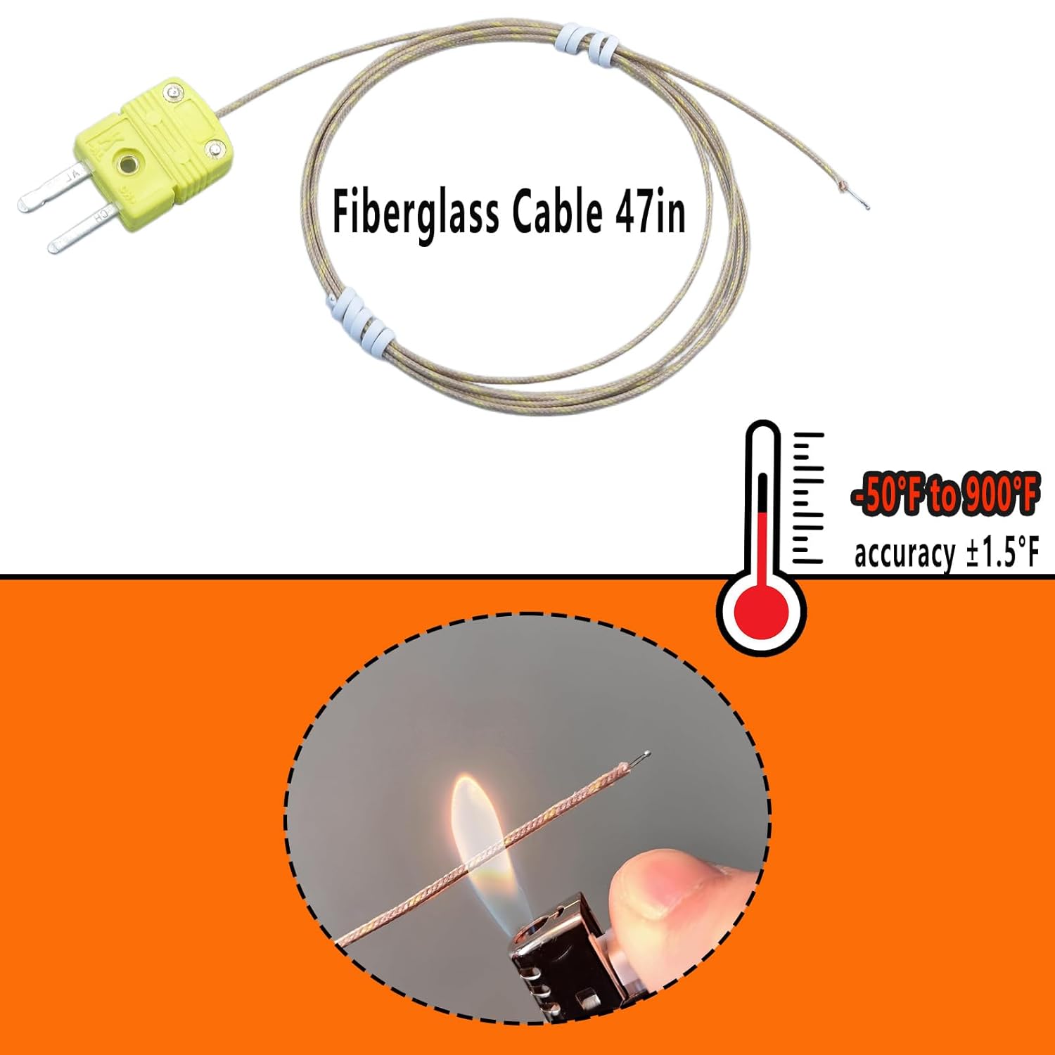 Type K Thermocouple Probe, Temperature Range: -50°F to 900°F Includes 3 Units with 47-inch Fiberglass Leads for Engines 3D Printers Scientific Experiments and HVAC System commissioning
