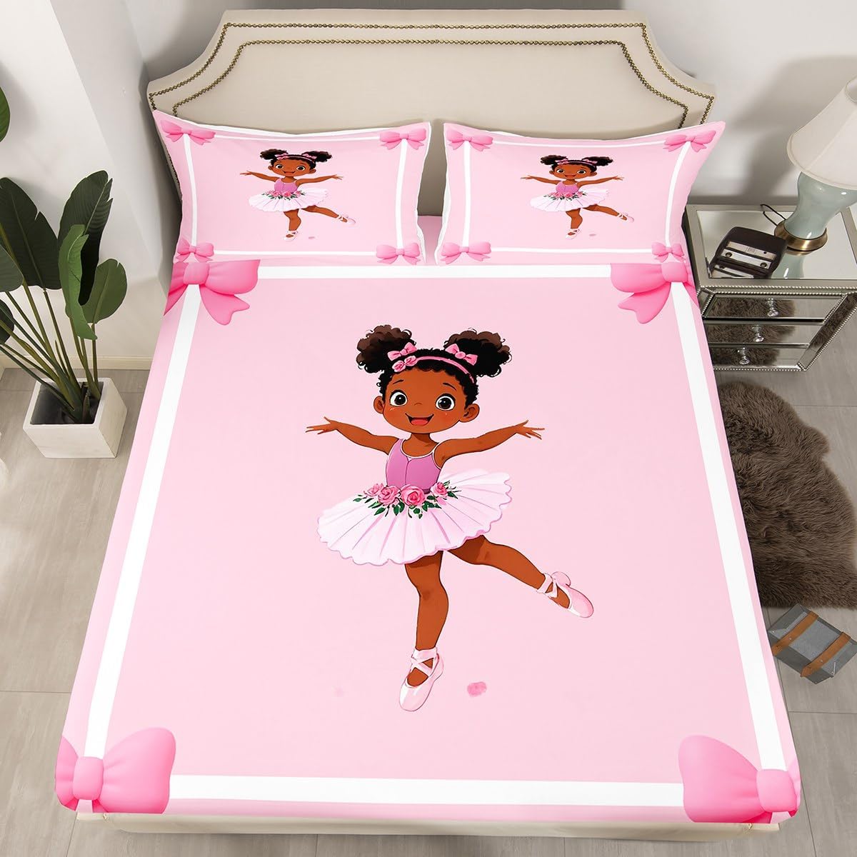 Ballerina Bed Sheets Set King Size Kids Pink Ballet Fitted Sheet with Deep Pocket for Boys Girls Teens Black Girl Dancer Bedding Set Breathable Princess Decor Bedroom Decor Bedclothes