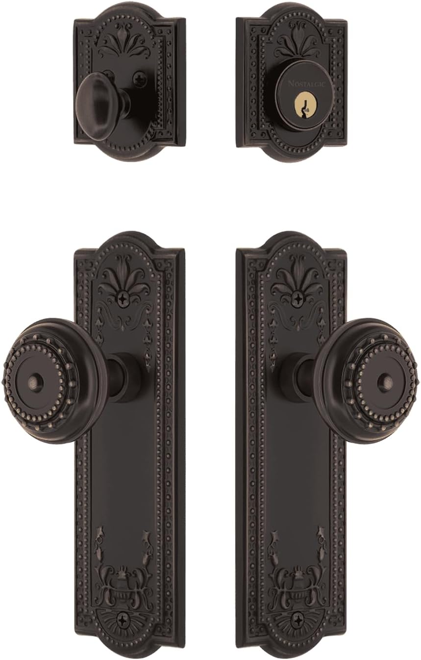 Nostalgic Warehouse Meadows Entry Set with Meadows Knob in Unlacquered Brass-2 3/8" Backset-Universal Handing