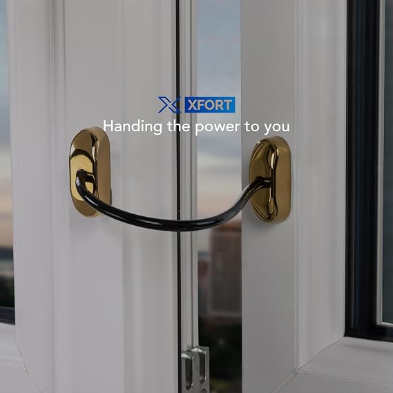 XFORT Key Locking Inline Window Handle Installation Kit in Polished Brass, UPVC Window Handle Replacement, Lockable Window Lever