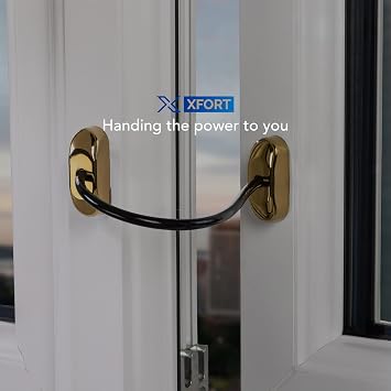 XFORT Key Locking Inline Window Handle Installation Kit in Polished Brass, UPVC Window Handle Replacement, Lockable Window Lever