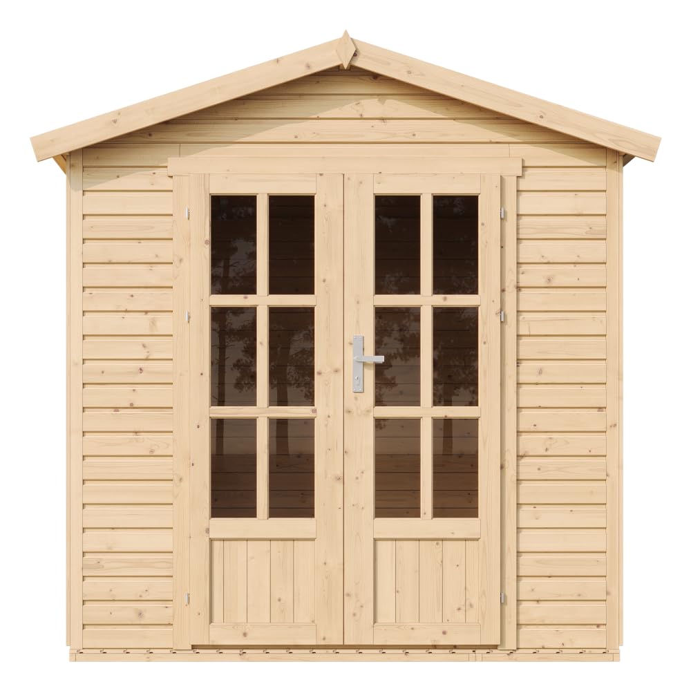 TIMBELA M351FB Cabane en Bois avec Plancher et Bardeaux Bitumineux Rouges, L233xP222xH233 cm – Abri Multifonctionnel, Bureau, Atelier, Studio Jardin
