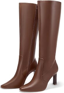 Coutgo Womens Knee High Boots Square Toe chunky Heel Side Zipper Dress Tall Boots