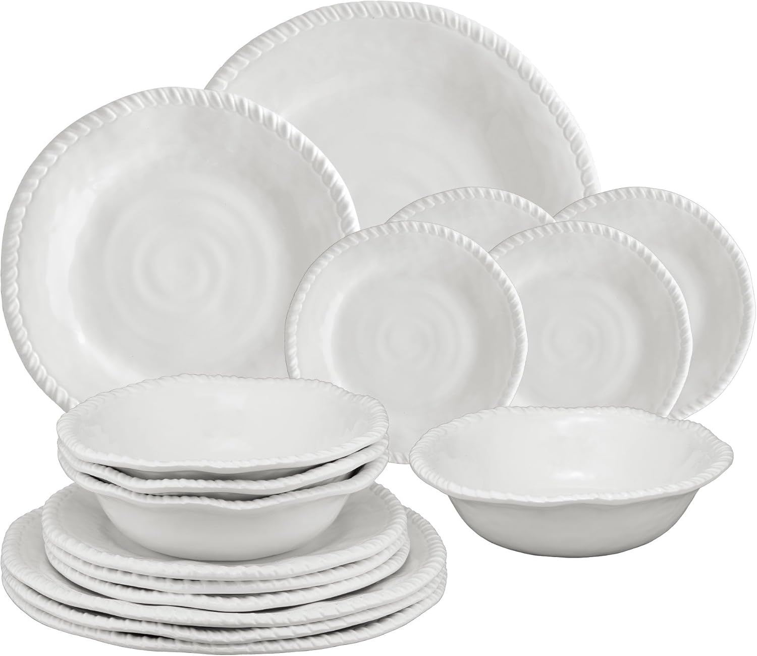 UPware 16 Piece Rope Melamine Dinnerware Sets, Outdoor Dishes Set, Plates and Bowls Sets, Service for 4, White