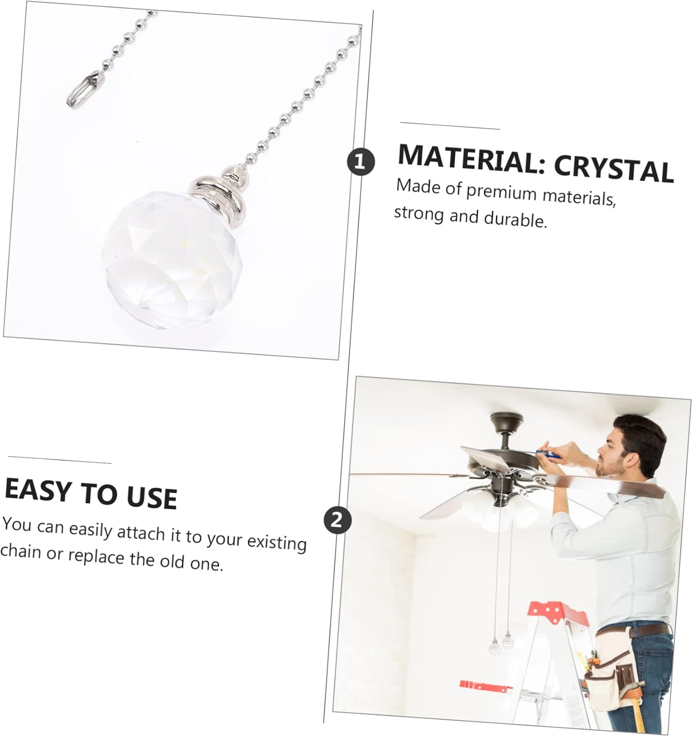 TEHAUX 2sets Decorative Clear Crystal Pull Chain Extension for Ceiling Light Fan Elegant Fan Pulls Light Chain Extender Home Decoration Faceted Balls Ab Color Finish 2pcs*2