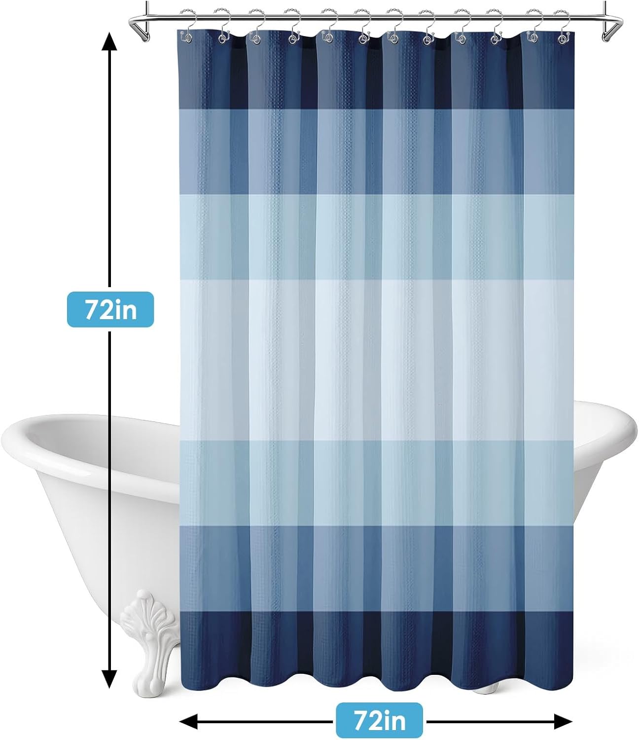 Shower Curtain and Liner, Ombre Blue Striped 3 in 1 Shower Curtain and PEVA Liner Set with 12 Rust-Resistant Metal Hooks, Waterproof Fabric Shower Curtains for Bathroom, 72 W x 72 H