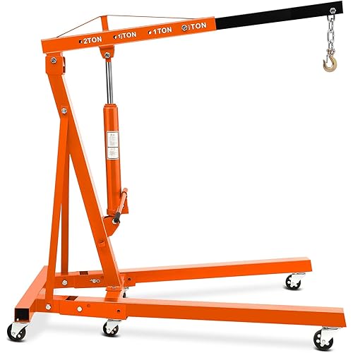 2-Ton Folding Engine Hoist, Hydraulic Shop Crane Lift with 6 Casters & Telescopic Boom, 4400 LB Foldable Mobile Cherry Picker for Garage, Workshop, Factory, Heavy-Duty, Orange