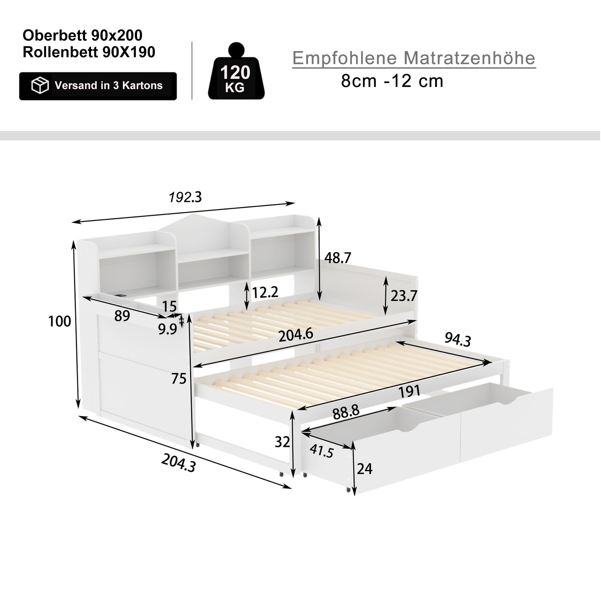 Sofá cama 90 x 200, cama nido 90 x 190 con dos cajones, gran compartimento de almacenamiento y cesta de almacenamiento, cama individual de madera, color blanco