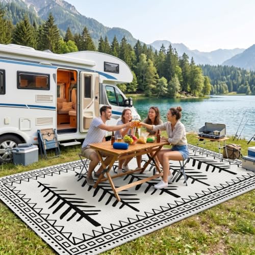 RV Outdoor Rug 9x18 UV Resistant Reverisble Patio Rug Mat with 4 Stakes