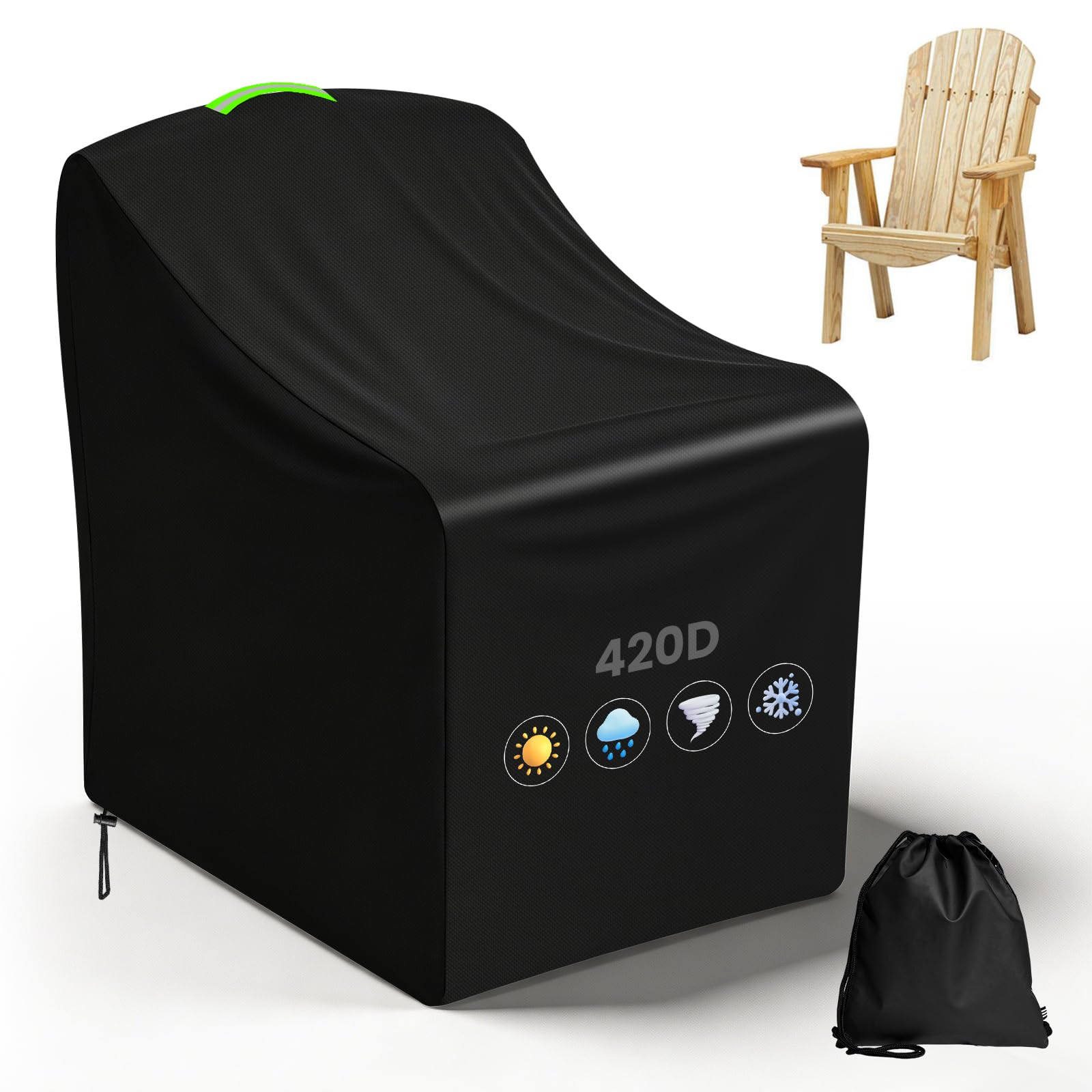Housse pour Fauteuil Adirondack, 76x83x99cm, Oxford 420D avec Revêtement PVC Imperméable, Cordon de Serrage et Poignée Réflective, Résistante aux UV pour Adirondack et Fauteuil d'Extérieur