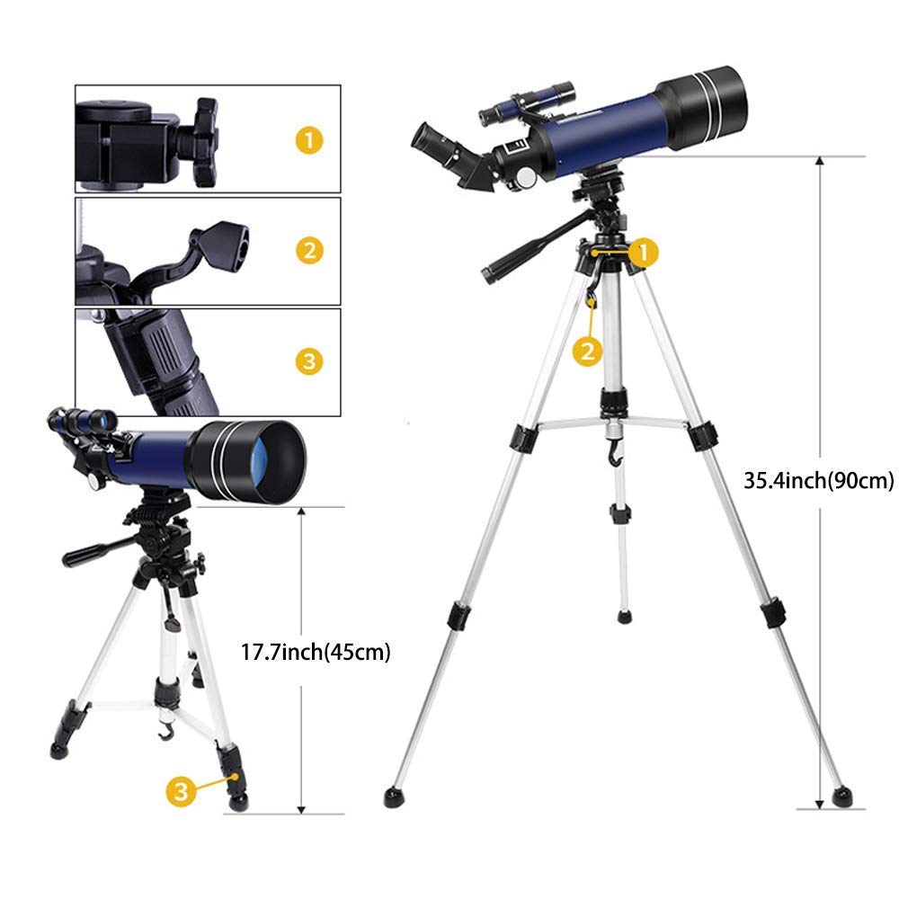 für Kinder, Erwachsene und Anfänger, 70 mm Öffnung, 400 mm BAK4-Prisma, FMC-Objektiv, Astronomischer Refraktor für die Astronomie mit Smartphone-Halterung und Stativ und Bluetooth-Kamera-Controll