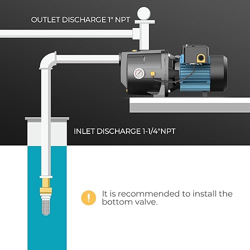 Miniatura 6 de BOMGIE Bomba de chorro de pozo poco profundo 1HP de hierro fundido, cabezal de 1100 GPH de 164 pies, doble voltaje de 115 V230 V, interruptor de