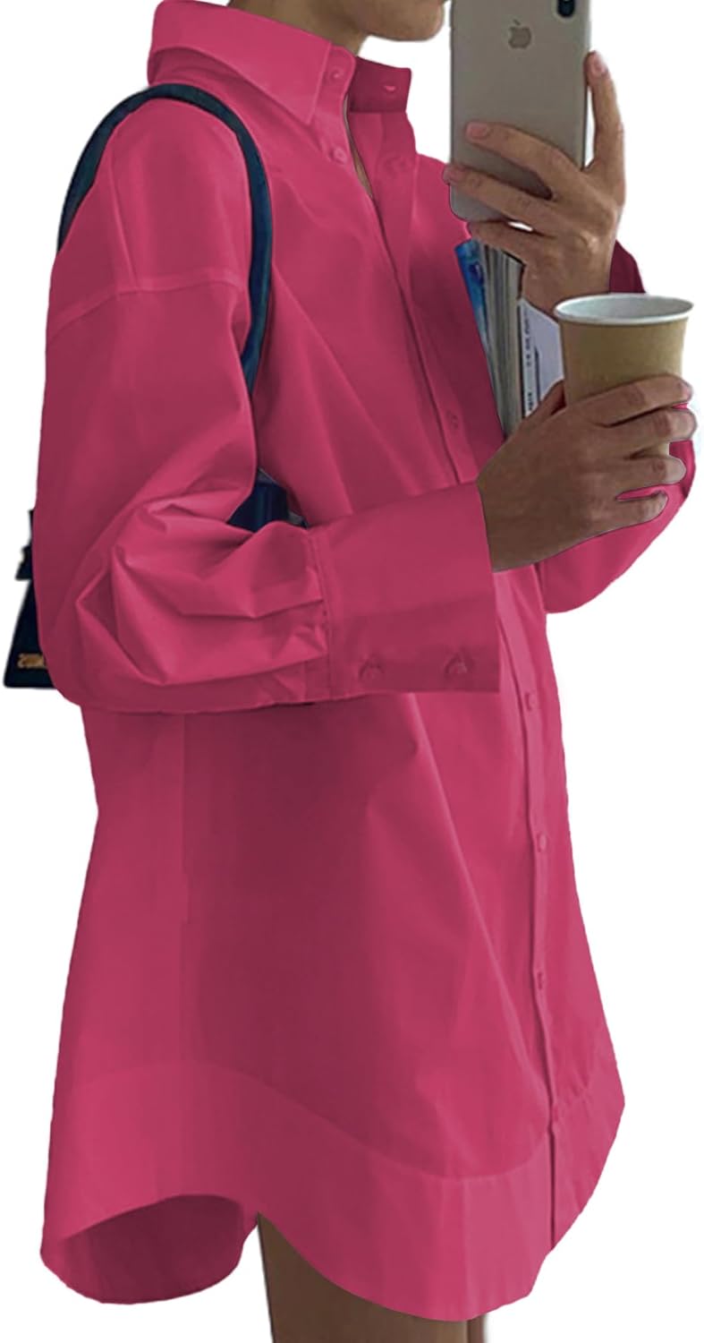 LYANER Women's Casual Shirt Dress Collar V Neck Button Down Loose Long Sleeve Mini Dresses - Image 2