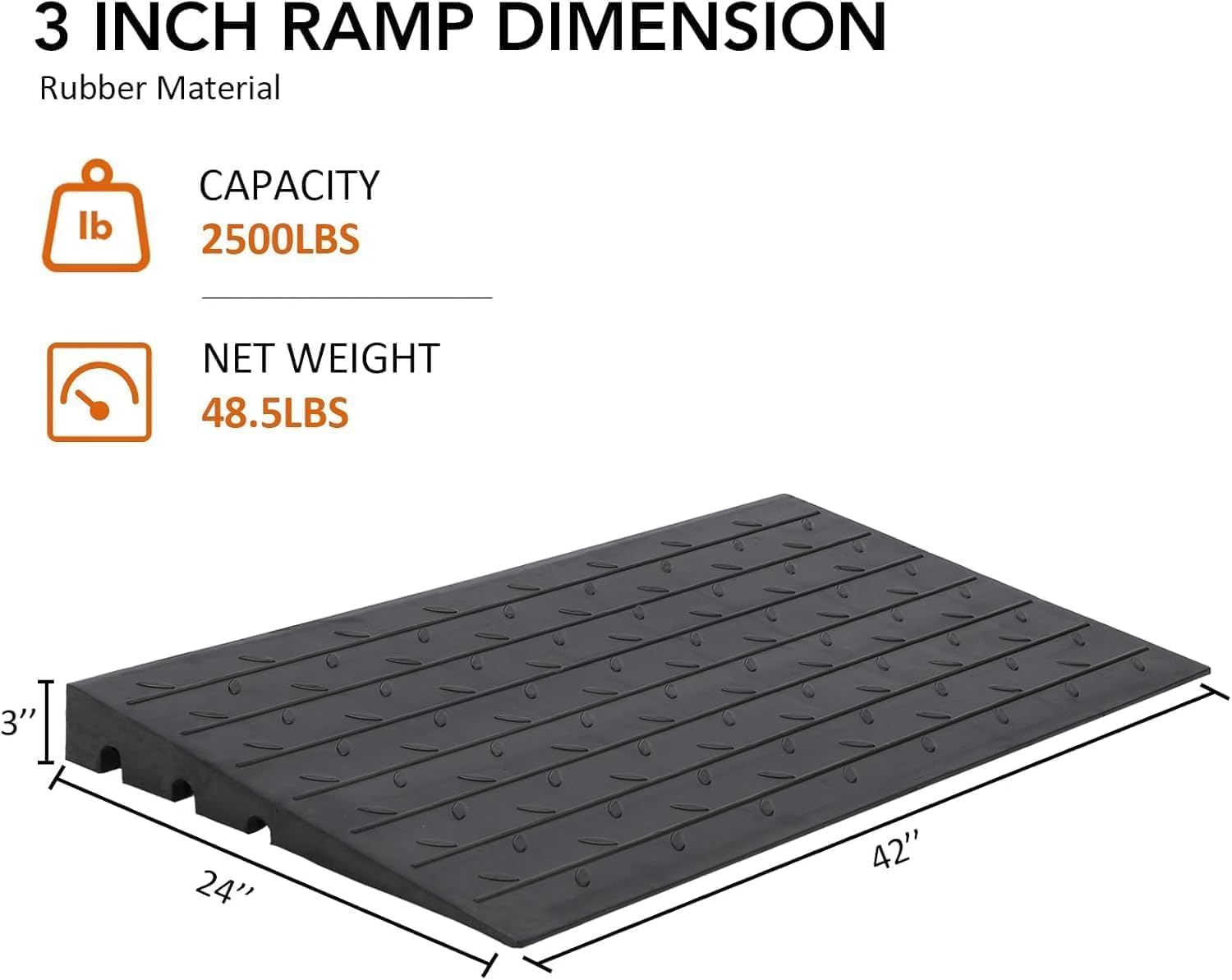 3" Rise Rubber Threshold Ramp, 3 Channels Cord Cover Portable Anti-Slip Wheelchair Ramp, Angled Entry 2500LBS Weight Capacity, Rubber Curb Ramp for Wheelchairs Doorways Stairs Home