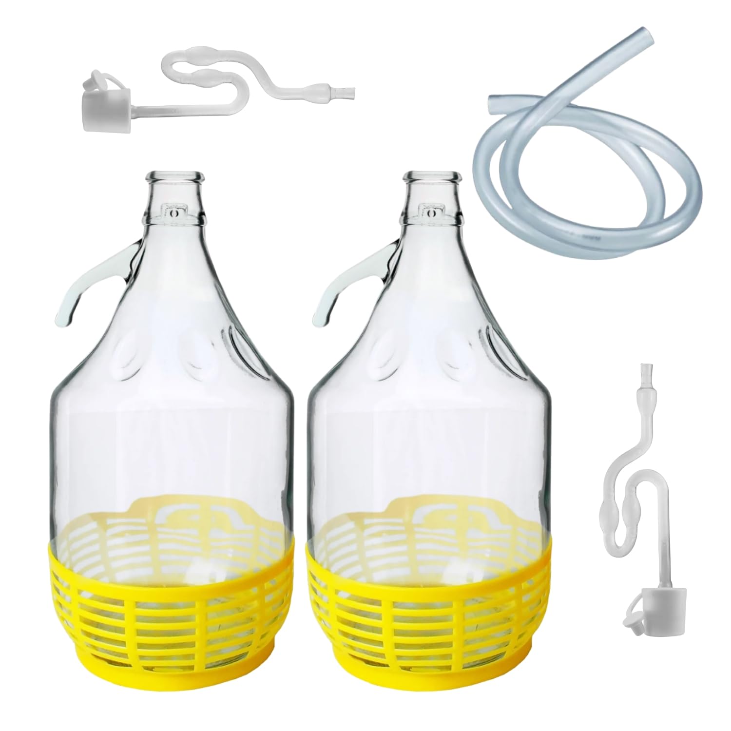 Set of 2 Clear 5L Thick Glass Carboy Demijohns with Basket Home Brewing Kit for Wine, Beer, Cider, Spirits, and Alcohol Fermentation Includes Caps and Airlocks