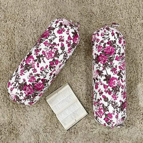 Image of Swayam Set of 2 Pure Cotton Bolster Cover | 30x30 Inch | Soft Breathable Masnad Cover 200TC | Durable & Washable | Floral Print Bolster Cover for Diwan, Bed & Sofa - Purple & White