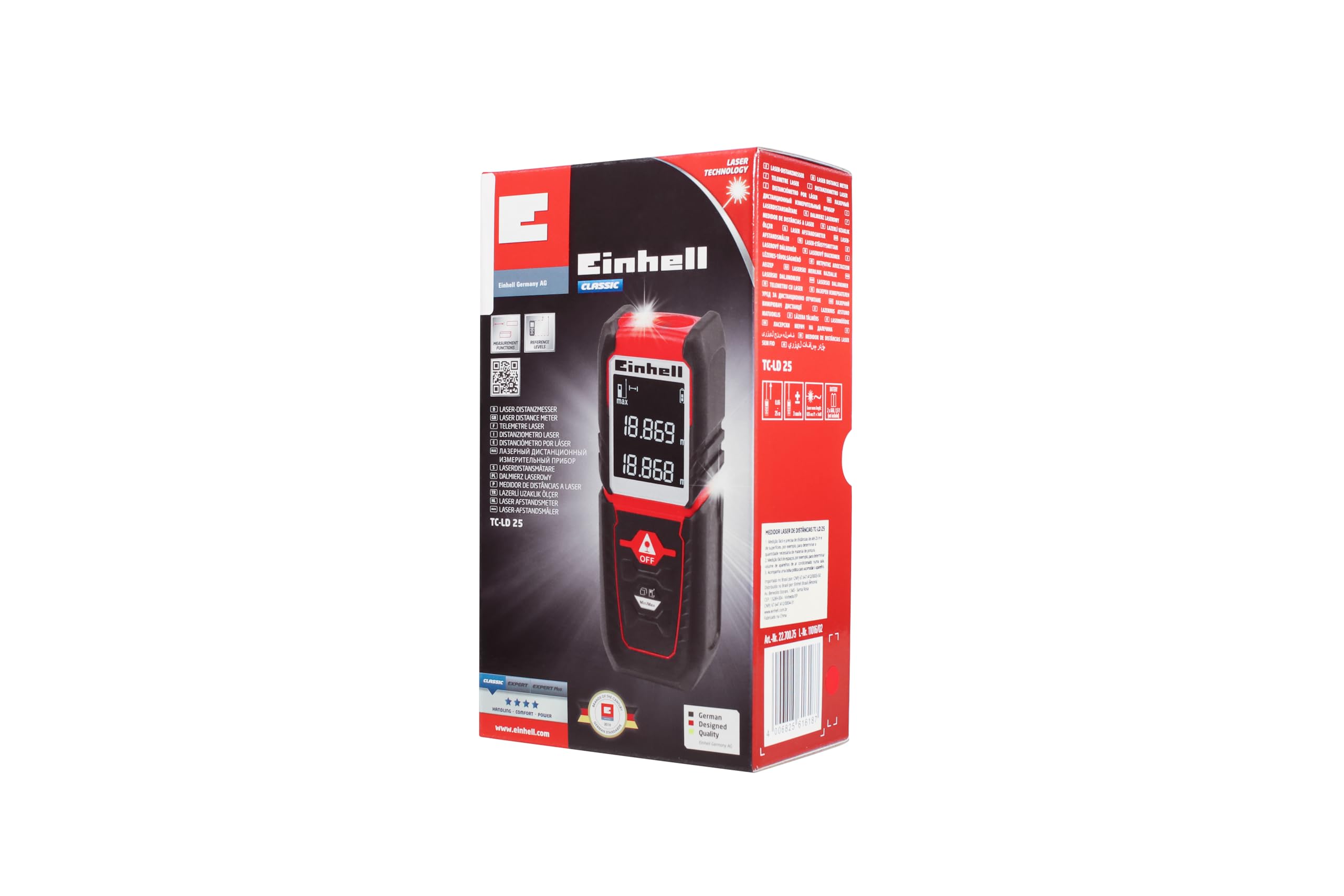 Einhell Medidor de distancia láser - TC-LD 25. Hasta 25 m, niveles de referencia de borde delantero, trasero, medición continua, apagado automático, función de seguridad, bolsa incluida