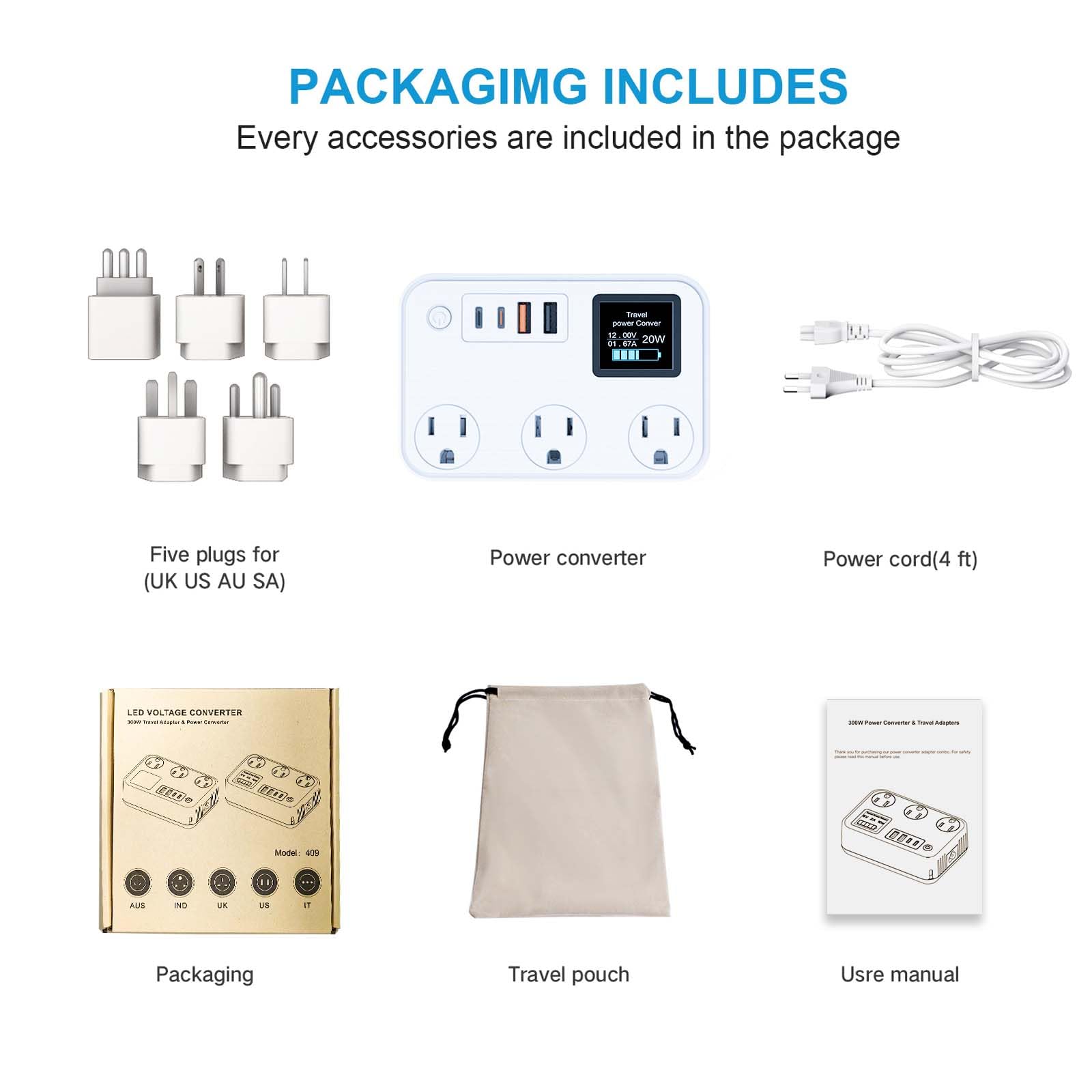 Universal Travel Power Converter 350W – 220V To 110V With 2 USB & 2 USB-C (20W PD), Includes US/EU/UK/AU/IN Plugs For Worldwide Use