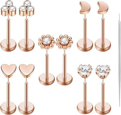 Uni-J 10pcs 20G/18G/16G Threadless Push-in Tragus Conch Cartilage Flat Back Helix Labret Monroe Lip Ring Daith Piercing Jewelry