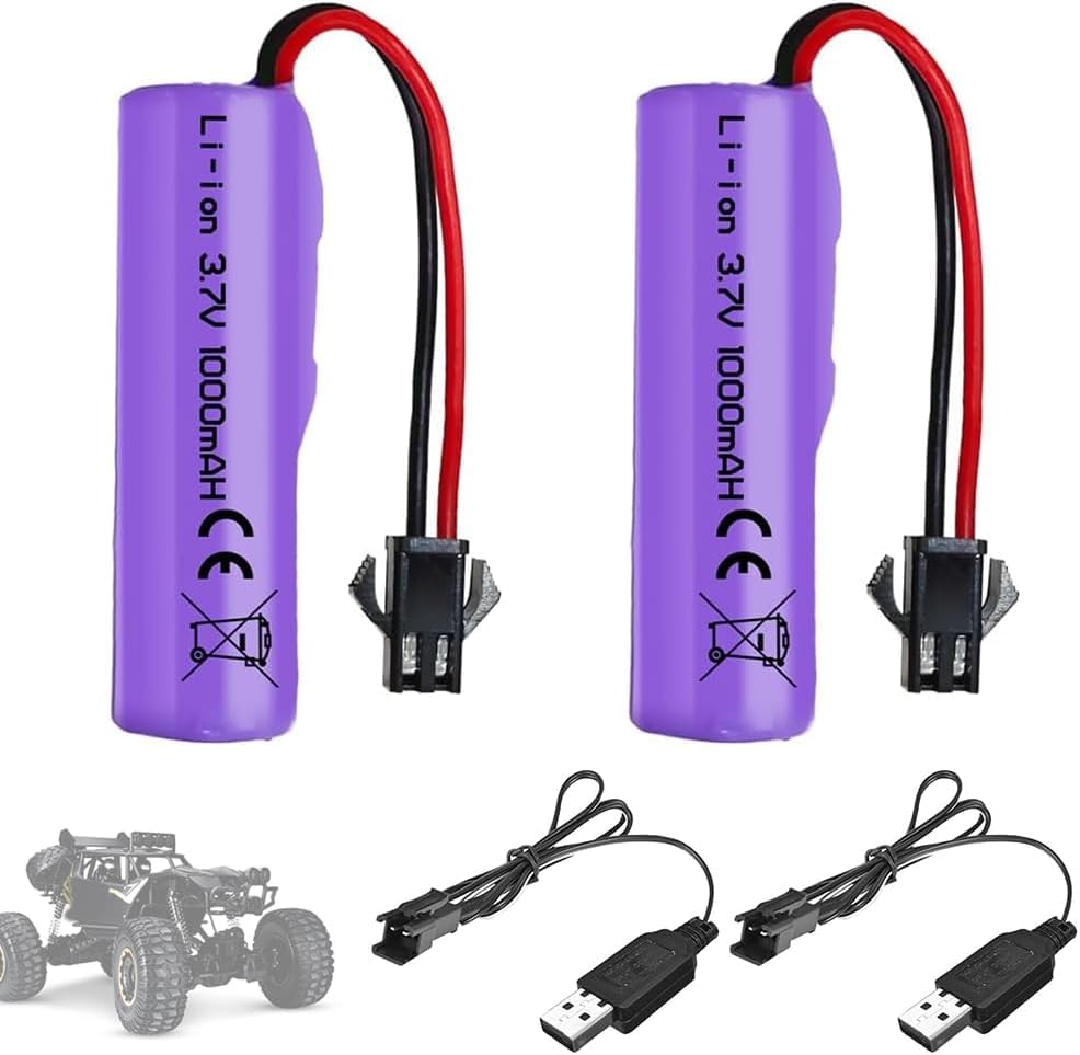 YUNIQUE GREEN-CLEAN-POWER 2 x 3.7V 1000mAh Li-Ion Batteries with SM-2P Connector + 2 USB Chargers - Rechargeable Batteries for RC Car, Boat, Robots and Radio Controlled Toys
