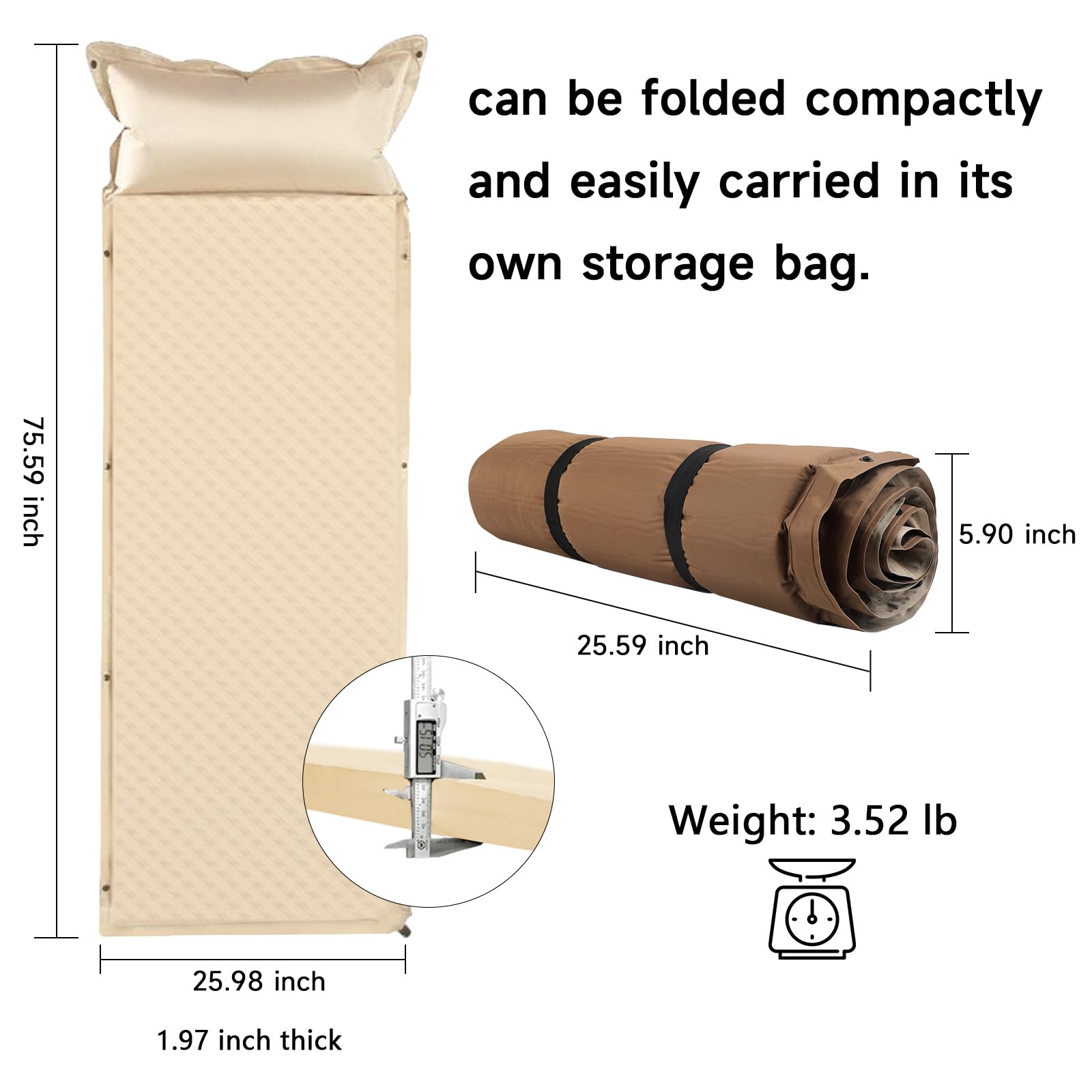 KOMCLUB Camping Sleeping Pad, Ultralight Self Inflating Camping Mat with Pillow Inflatable Lightweight Foam Sleeping Pads Camping Air Mattress for Camping Backpacking Hiking Traveling (Khaki)