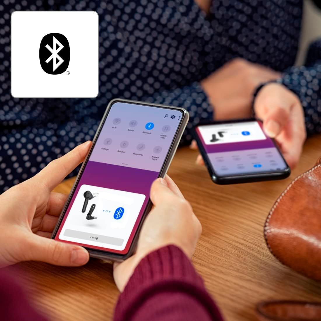 Smartphone screen displaying Bluetooth settings with the Hama MyVoice1300 headset ready for pairing.