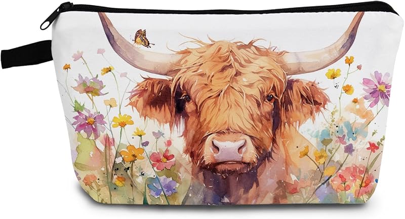 Necessaire de maquiagem YULUENZE com estampa de gado Highland Cattle, fechamento metálico