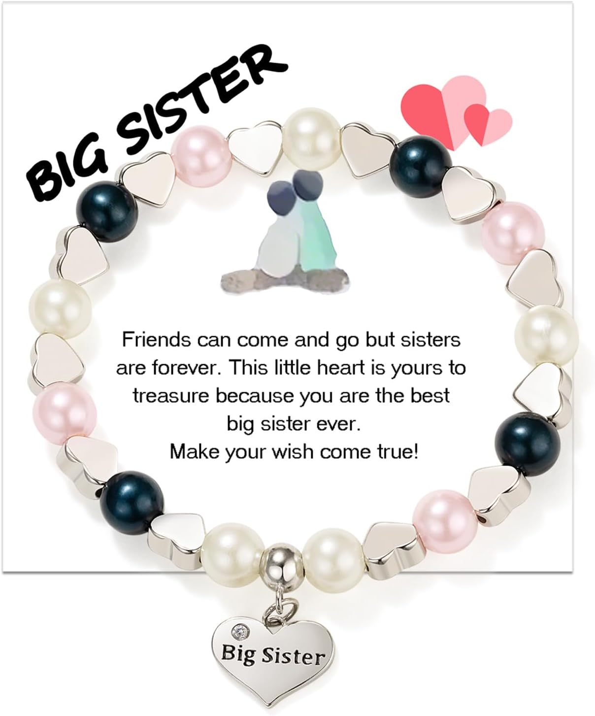 Big Sister Bracelet for Big Sister from Little Sister, Big Sister Gift, Tri Color Beads and Love Beads Are Connected in Series, And the Love Tag Is Engraved with Big Sister