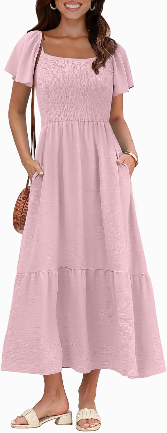 OFEEFAN Maxi Dresses Flutter Sleeve Smocked Dress Casual Summer Dresses Pink S - Image 3