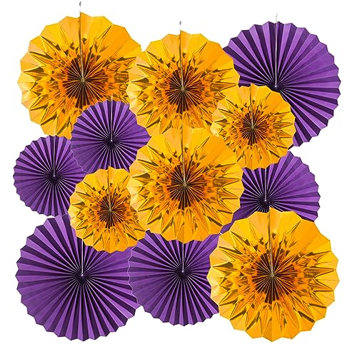 Image of MOWO Purple Gold Paper Fans Wall Decoration, 12pc | Background Ceiling Hanging Decoration, For Halloween Birthday Graduation, Theme Party Decoration