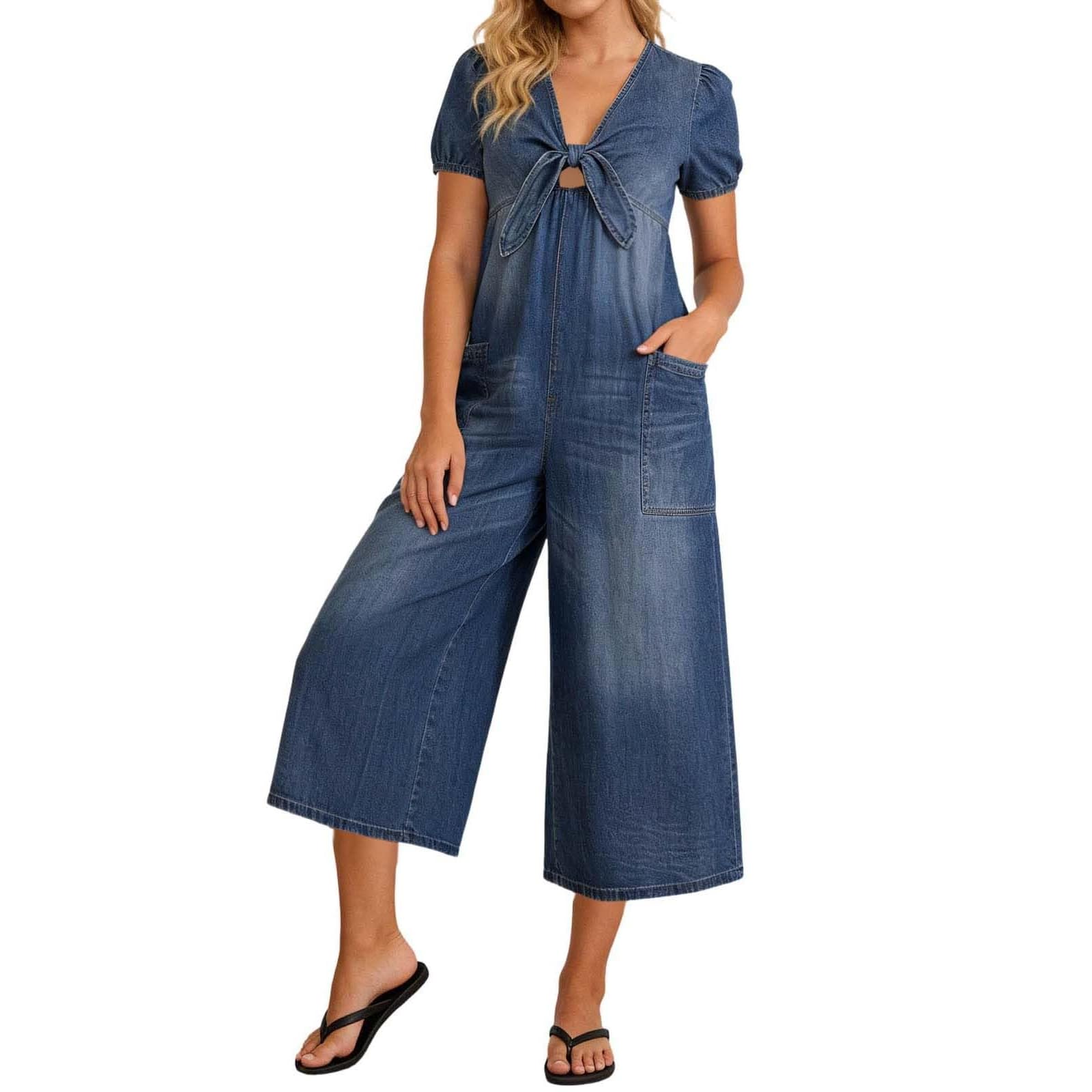 Combinaison en jean avec nœud papillon pour femme - Manches courtes bouffantes - Jambe large - Combinaison décontractée à col en V avec poches - Style vintage - Vêtement de vacances