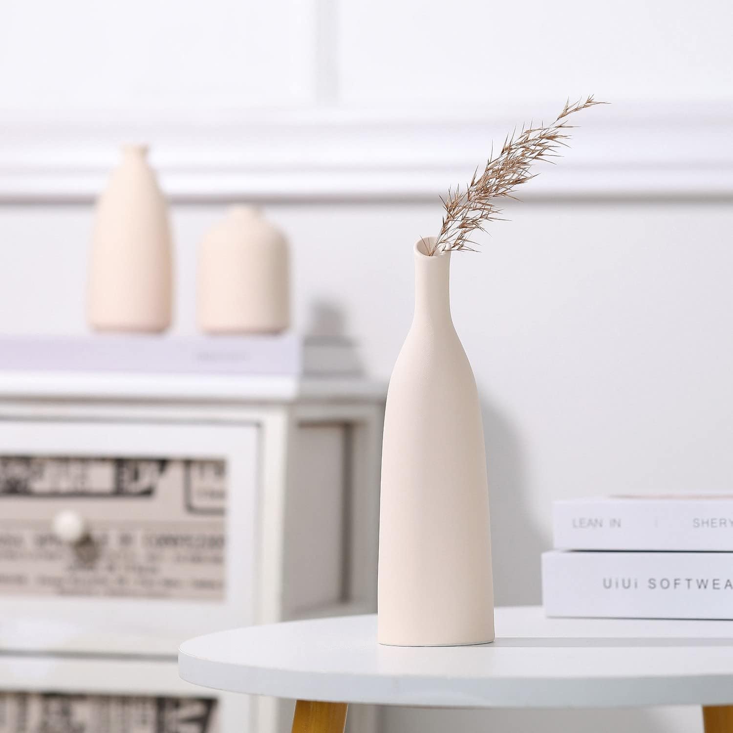 Beige Ceramic Vase for Home Decor, Small Flower Vases Set - 3 for Modern Rustic Farmhouse, Neutral Decorative Vase for Pampas Grass & Dried Flowers, Idea Bookshelf Décor, Dining Table Decor