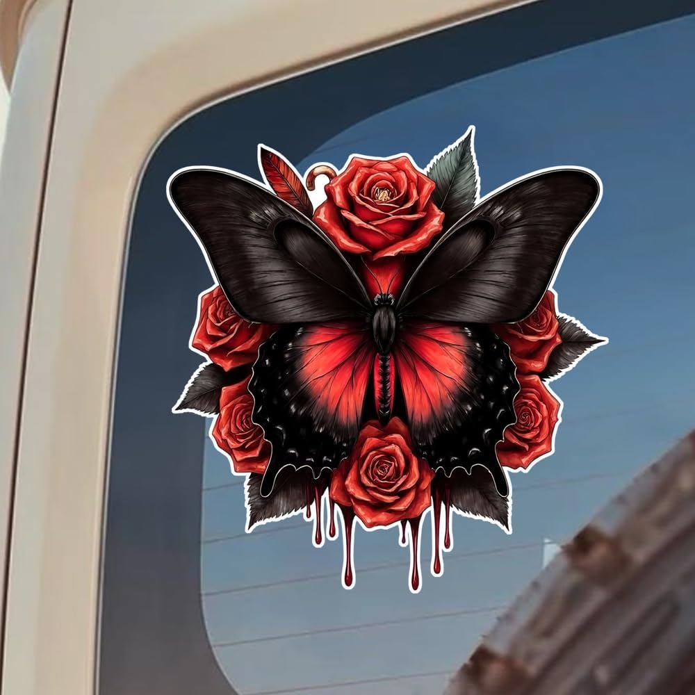 2 Pack Gothic Red Rose and Black Butterfly Car Stickers, 5.12x4.72 Inch Waterproof UV Resistant Vinyl Decals for Auto Window Bumper Truck Laptop Wall Mural Home Decor Art - BD143 image 5