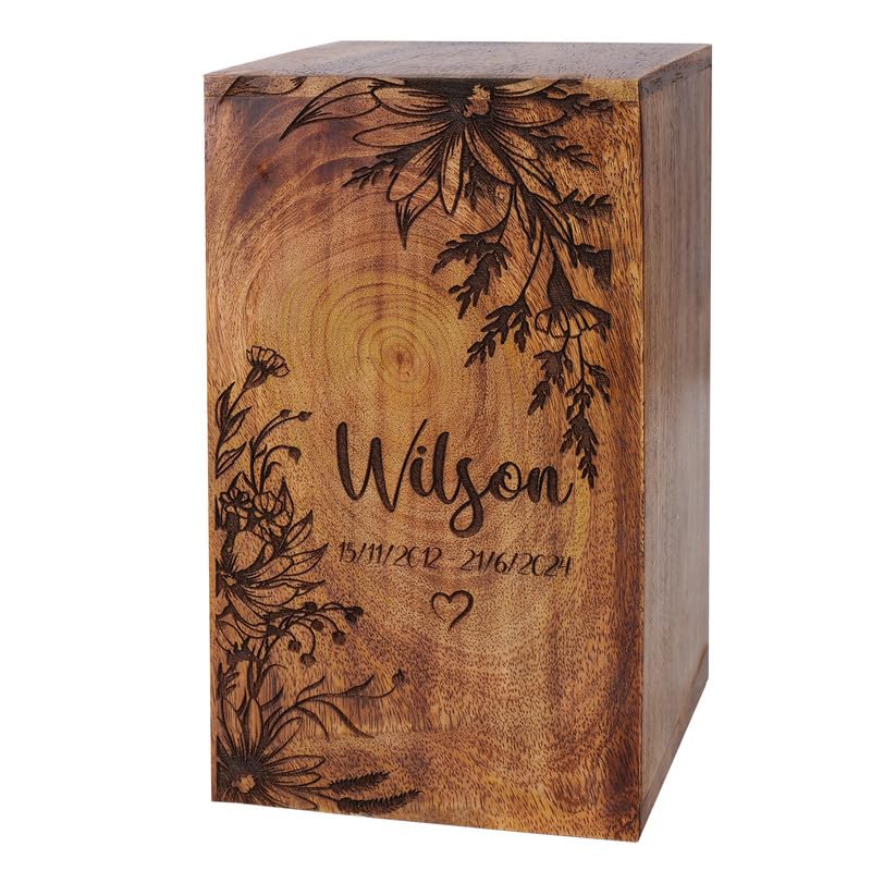 The Maryam Crafts Urna de cremación de madera personalizada para cenizas humanas, caja de urna conmemorativa decorativa para adultos, hombres y mujeres, urna mediana para cenizas, flores, tamaño de