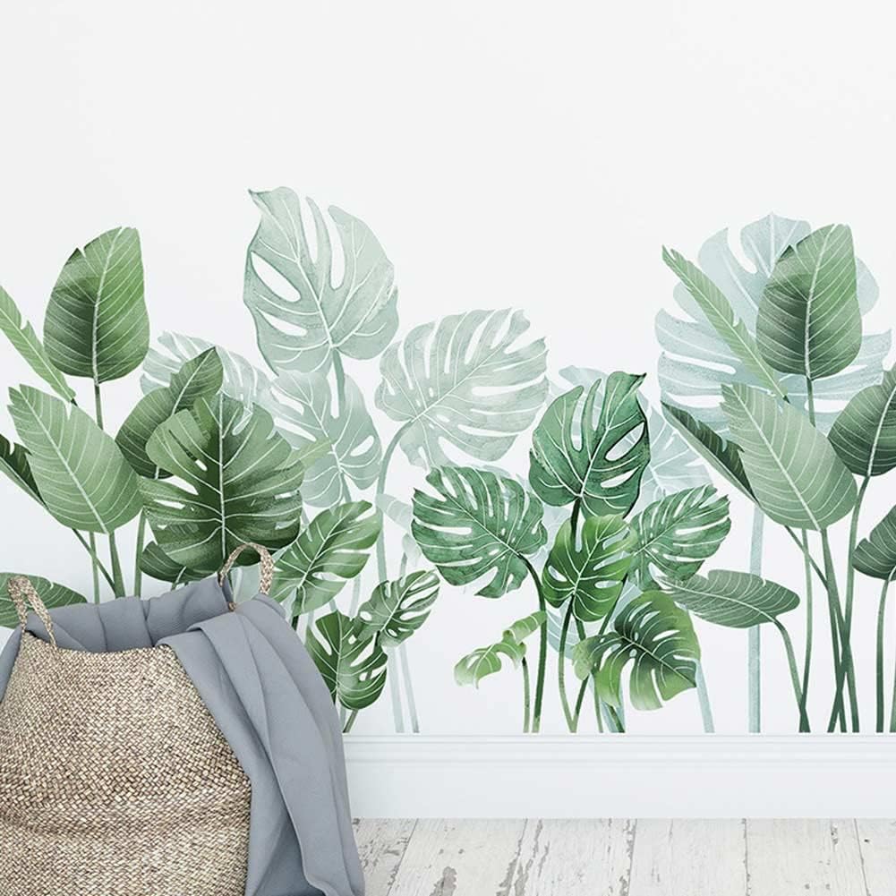 Boho Tropical Plants Wall Decals for Living Room, Natural Palm Tree Monstera Leaf Wall Stickers Peel and Stick Posters Art Murals for Bedroom Office