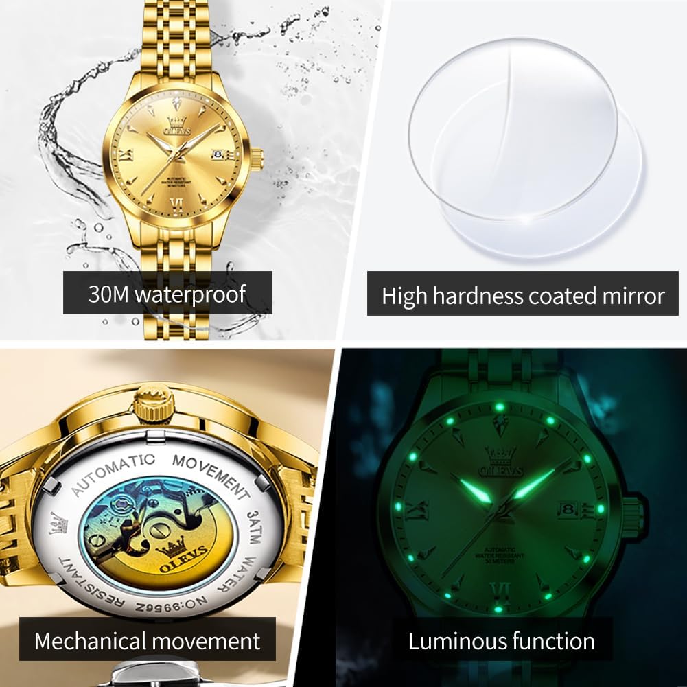 OLEVS Womens Automatic Watch Gold Luxury Diamond Self Winding Ladies Wrist Watches Waterproof Luminous Date - Image 6