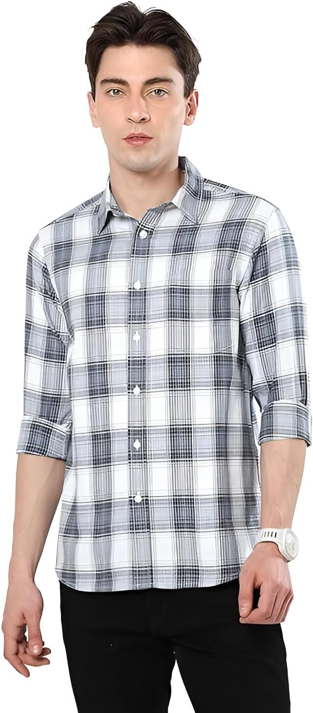 GLORYBOYZ Check Shirt for Men Cotton Full Sleeves Formal Shirts Regular Fit Normal Collar Medium Checks Casual Stylish Checked Office Wear Plaid Checkered Shirt (S - 2XL)